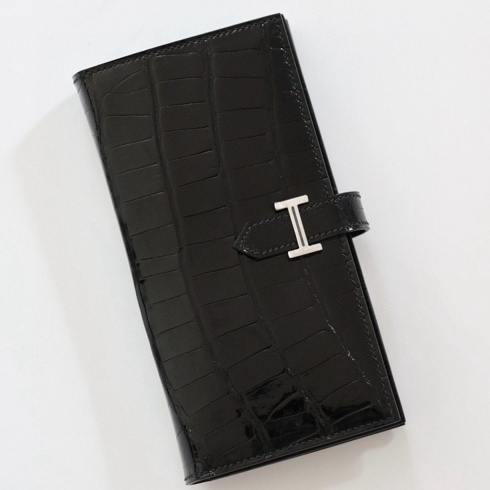 High Quality Replica Hermes Bearn Long Wallet in Black Shiny Alligator Leather $ 1589 USD